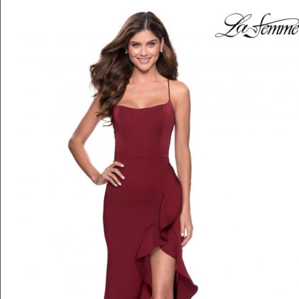 La Femme burgundy floor-length dress with ruffled leg slit